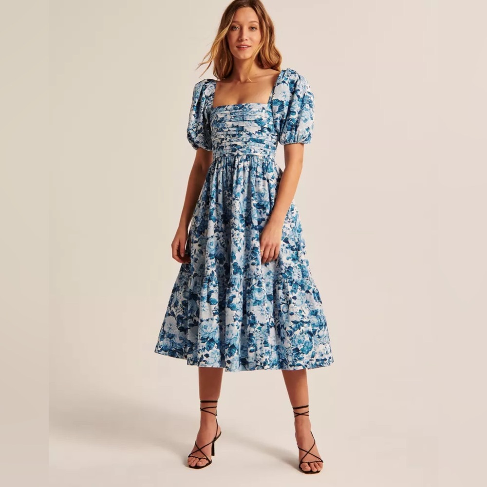 Abercrombie & Fitch Ruched Puff Sleeve Poplin Midi Dress. Blue & white. Size XS.
